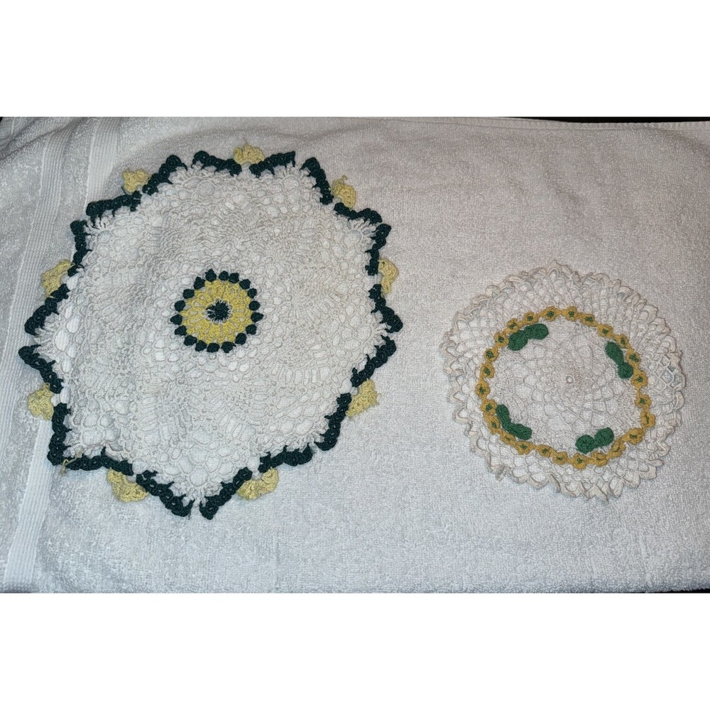 Vintage Doilies Lot Of‎ 2 White/Green/Yellow Handmade